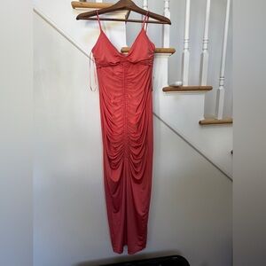 Express Coral Backless Ruched Dress
